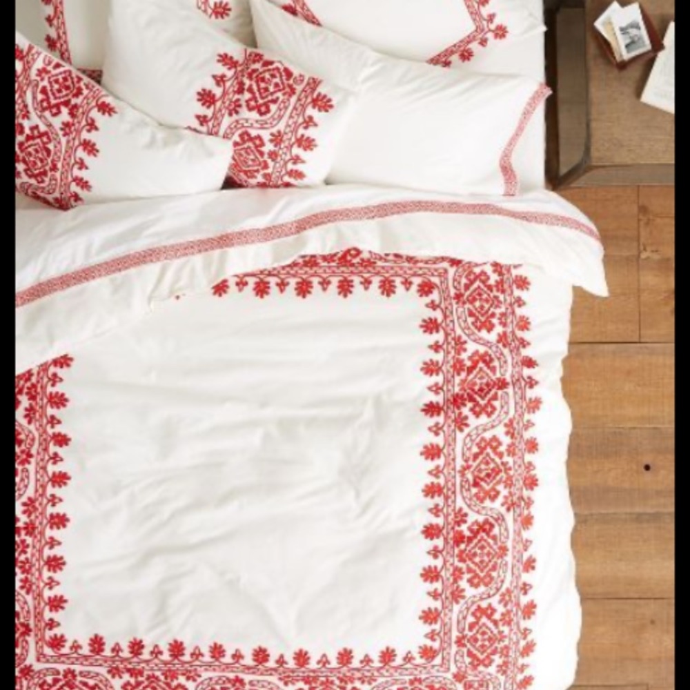 Red and White Embroidered Bedding Set
